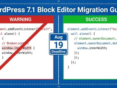 Split-screen showing broken document.addEventListener code on the left and the correct element.ownerDocument fix on the right with Aug 19 deadline badge
