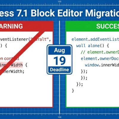 Split-screen showing broken document.addEventListener code on the left and the correct element.ownerDocument fix on the right with Aug 19 deadline badge