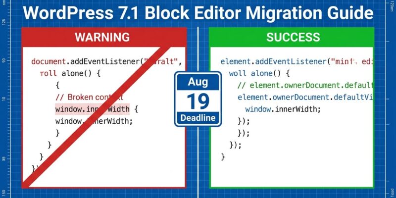 Split-screen showing broken document.addEventListener code on the left and the correct element.ownerDocument fix on the right with Aug 19 deadline badge