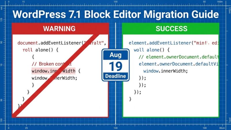 Split-screen showing broken document.addEventListener code on the left and the correct element.ownerDocument fix on the right with Aug 19 deadline badge