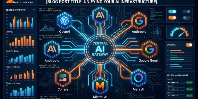 Cloudflare Workers AI and AI Gateway unified into a single control plane showing connections to OpenAI, Anthropic, and other AI providers