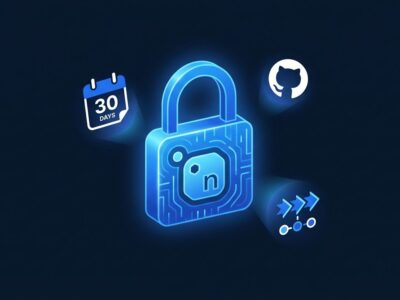 NuGet API key security padlock with 30-day countdown timer and GitHub Actions pipeline icons on dark blue background