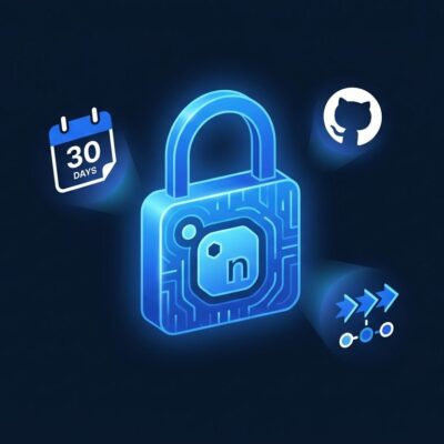 NuGet API key security padlock with 30-day countdown timer and GitHub Actions pipeline icons on dark blue background