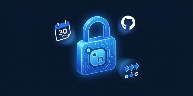 NuGet API key security padlock with 30-day countdown timer and GitHub Actions pipeline icons on dark blue background
