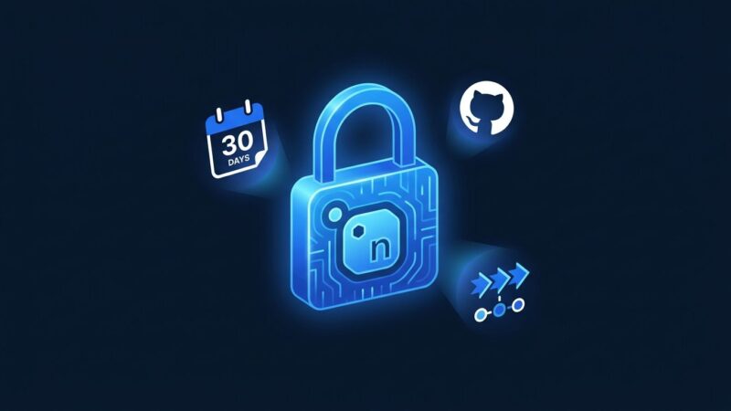 NuGet API key security padlock with 30-day countdown timer and GitHub Actions pipeline icons on dark blue background