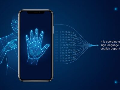 Smartphone displaying hand signing in American Sign Language with geometric coordinate landmark overlay, showing SL2T on-device AI pipeline
