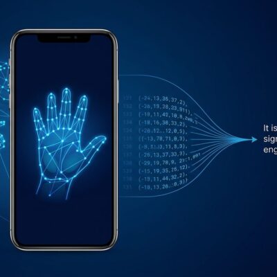 Smartphone displaying hand signing in American Sign Language with geometric coordinate landmark overlay, showing SL2T on-device AI pipeline