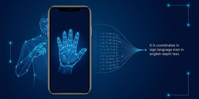 Smartphone displaying hand signing in American Sign Language with geometric coordinate landmark overlay, showing SL2T on-device AI pipeline