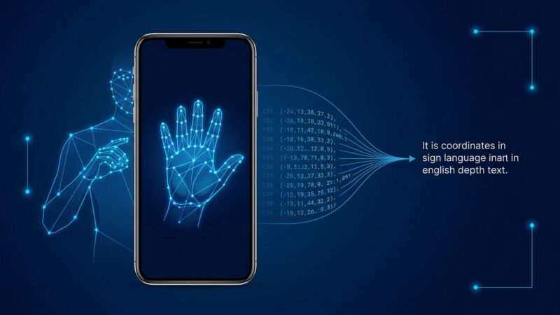 Smartphone displaying hand signing in American Sign Language with geometric coordinate landmark overlay, showing SL2T on-device AI pipeline