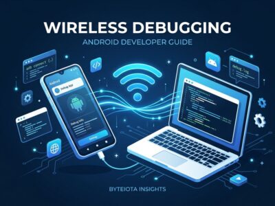 Android smartphone wirelessly connected to laptop for debugging via ADB WiFi 2.0