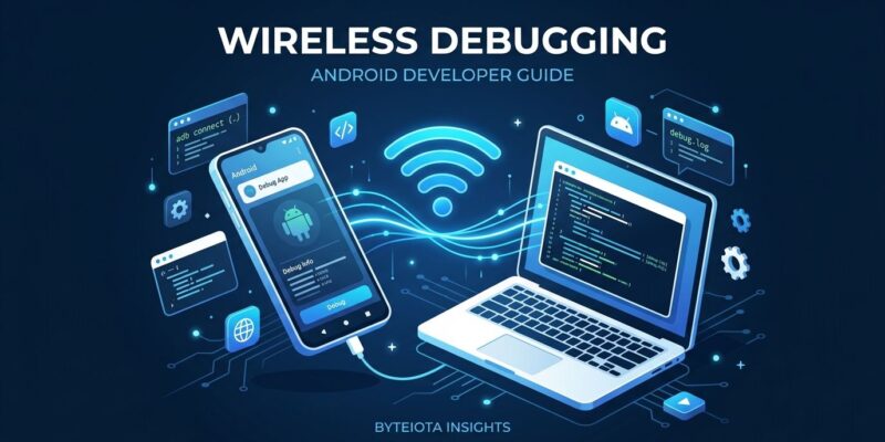 Android smartphone wirelessly connected to laptop for debugging via ADB WiFi 2.0