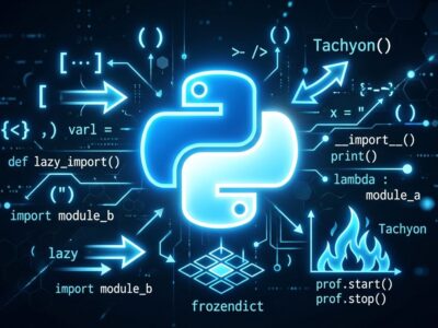Python 3.15 RC1 featured image showing Python logo with lazy imports and frozendict concepts in blue and white