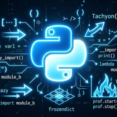 Python 3.15 RC1 featured image showing Python logo with lazy imports and frozendict concepts in blue and white