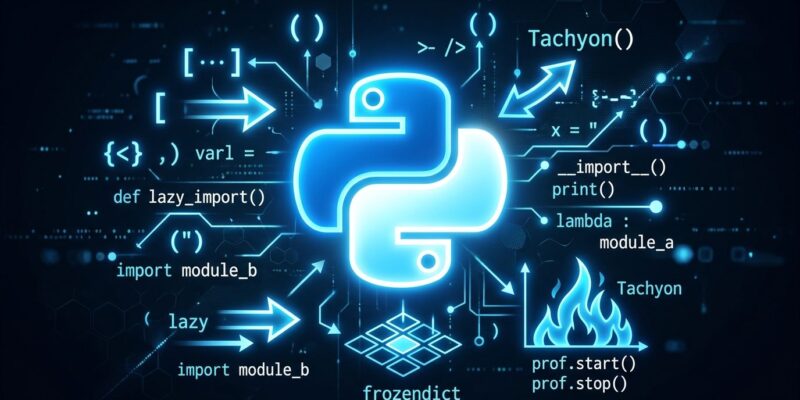 Python 3.15 RC1 featured image showing Python logo with lazy imports and frozendict concepts in blue and white