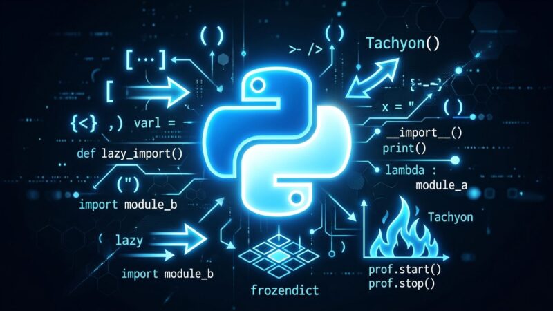 Python 3.15 RC1 featured image showing Python logo with lazy imports and frozendict concepts in blue and white