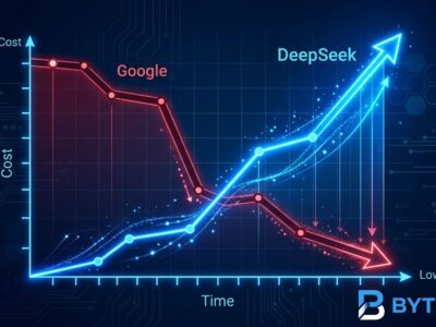 Chart showing DeepSeek rising from under 1% to 25% of AI Gateway token volume while Google dropped from 40% to 11% between April and July 2026
