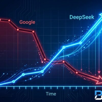 Chart showing DeepSeek rising from under 1% to 25% of AI Gateway token volume while Google dropped from 40% to 11% between April and July 2026