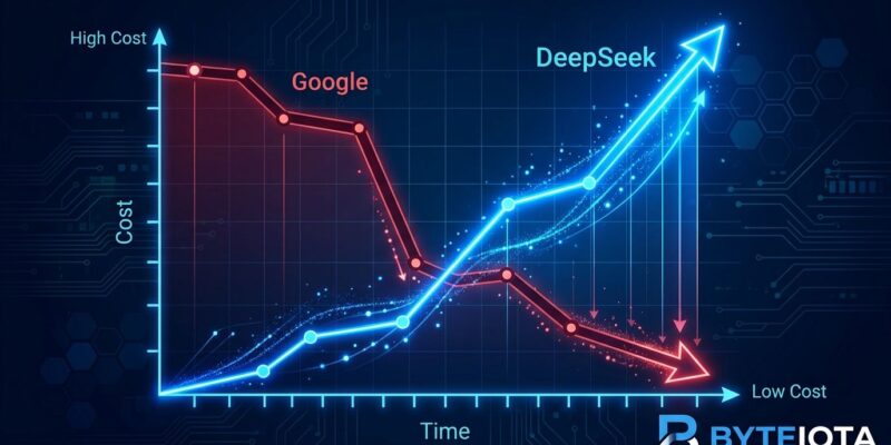 Chart showing DeepSeek rising from under 1% to 25% of AI Gateway token volume while Google dropped from 40% to 11% between April and July 2026