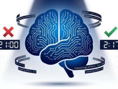 Bold conceptual illustration of an AI brain with circuit patterns, showing the contrast between excessive 21-minute reasoning and optimized 2-minute completion for Qwen 3.8 27B