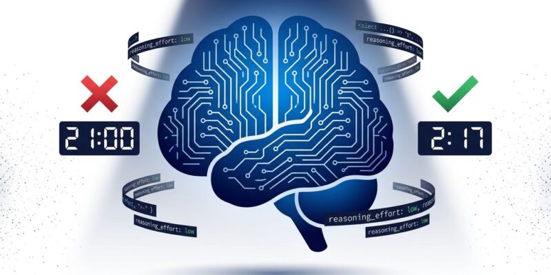 Bold conceptual illustration of an AI brain with circuit patterns, showing the contrast between excessive 21-minute reasoning and optimized 2-minute completion for Qwen 3.8 27B