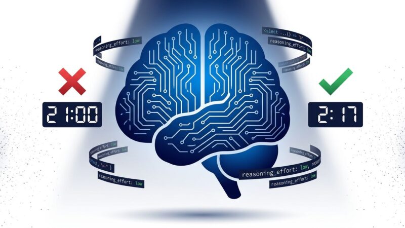 Bold conceptual illustration of an AI brain with circuit patterns, showing the contrast between excessive 21-minute reasoning and optimized 2-minute completion for Qwen 3.8 27B