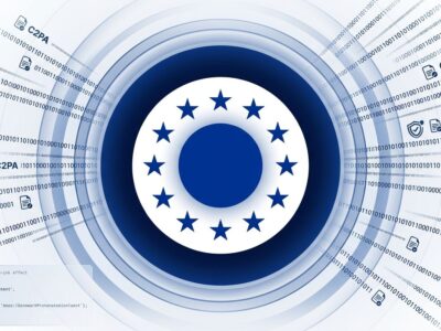 EU AI Act Article 50 watermarking enforcement - digital watermark pattern with EU emblem and C2PA credential icons, ByteIota tech blog