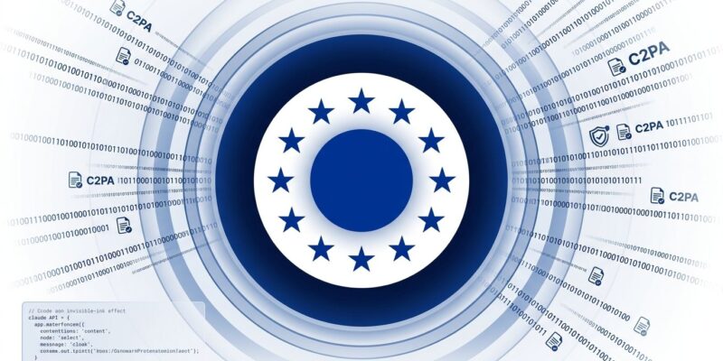 EU AI Act Article 50 watermarking enforcement - digital watermark pattern with EU emblem and C2PA credential icons, ByteIota tech blog
