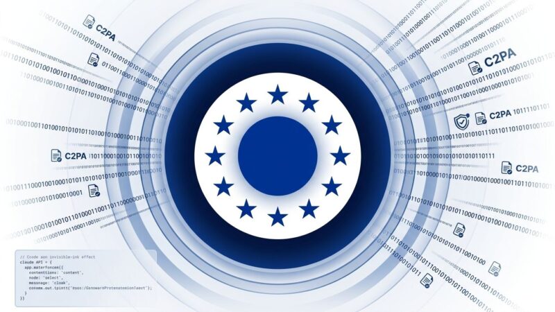 EU AI Act Article 50 watermarking enforcement - digital watermark pattern with EU emblem and C2PA credential icons, ByteIota tech blog