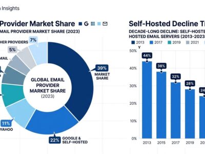 Data visualization chart showing email provider market share with Google and Microsoft controlling 39% while self-hosted email drops to 22%
