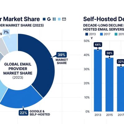 Data visualization chart showing email provider market share with Google and Microsoft controlling 39% while self-hosted email drops to 22%