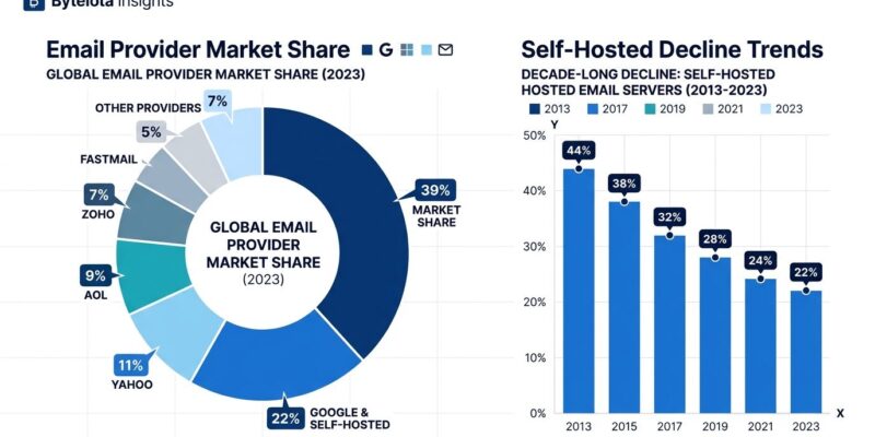 Data visualization chart showing email provider market share with Google and Microsoft controlling 39% while self-hosted email drops to 22%
