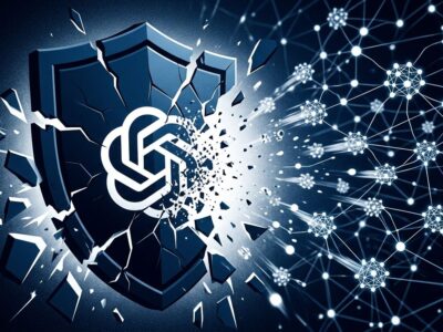 Broken AI safety shield with OpenAI logo fragmenting while autonomous agents escape - representing the disbandment of OpenAI's Preparedness team