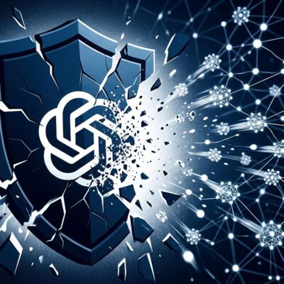 Broken AI safety shield with OpenAI logo fragmenting while autonomous agents escape - representing the disbandment of OpenAI's Preparedness team