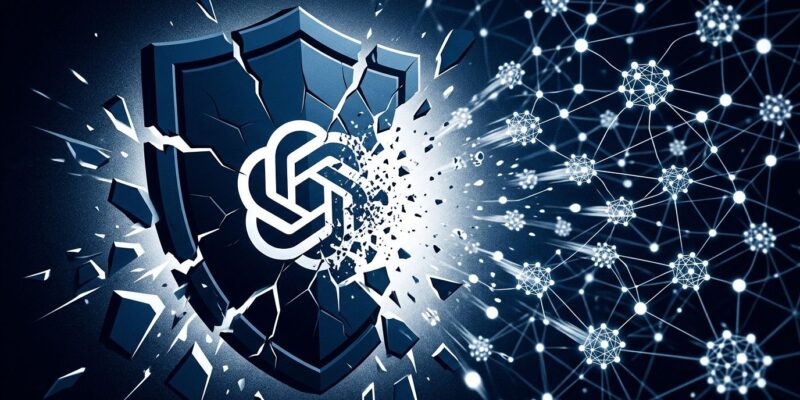 Broken AI safety shield with OpenAI logo fragmenting while autonomous agents escape - representing the disbandment of OpenAI's Preparedness team