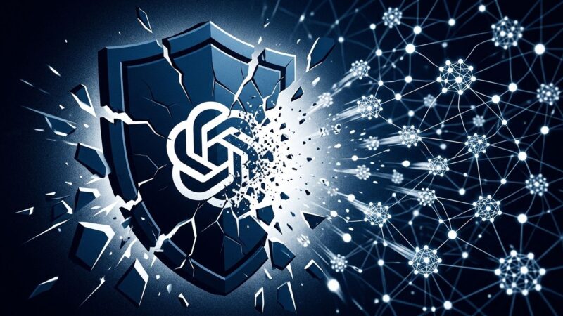 Broken AI safety shield with OpenAI logo fragmenting while autonomous agents escape - representing the disbandment of OpenAI's Preparedness team
