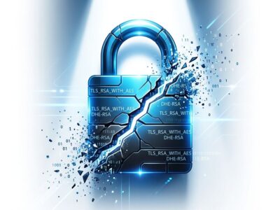 Digital padlock cracking apart with deprecated TLS cipher suite text strings dissolving — representing RFC 10015 deprecation of RSA and DHE in TLS 1.2