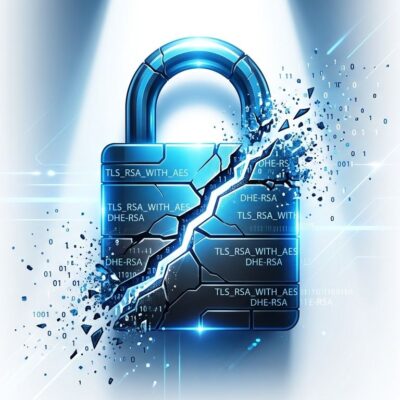 Digital padlock cracking apart with deprecated TLS cipher suite text strings dissolving — representing RFC 10015 deprecation of RSA and DHE in TLS 1.2