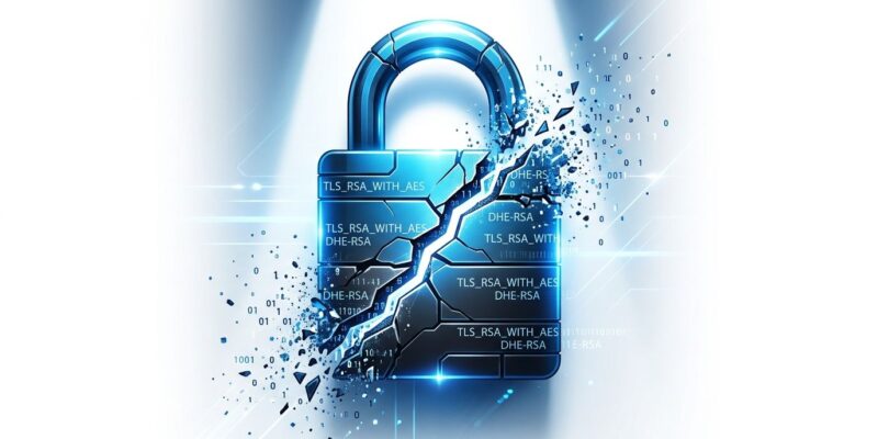 Digital padlock cracking apart with deprecated TLS cipher suite text strings dissolving — representing RFC 10015 deprecation of RSA and DHE in TLS 1.2