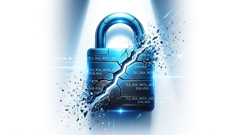 Digital padlock cracking apart with deprecated TLS cipher suite text strings dissolving — representing RFC 10015 deprecation of RSA and DHE in TLS 1.2