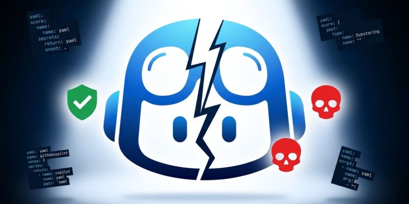 GitHub Copilot robot icon with a security crack fracture, symbolizing the Autofix vulnerability that led to a Snowflake breach
