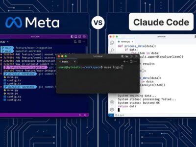 Split-panel comparison of Meta Muse Code and Claude Code terminal coding agents showing parallel git worktrees and bash terminal