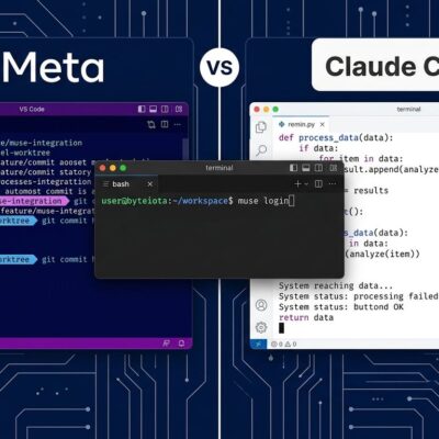 Split-panel comparison of Meta Muse Code and Claude Code terminal coding agents showing parallel git worktrees and bash terminal