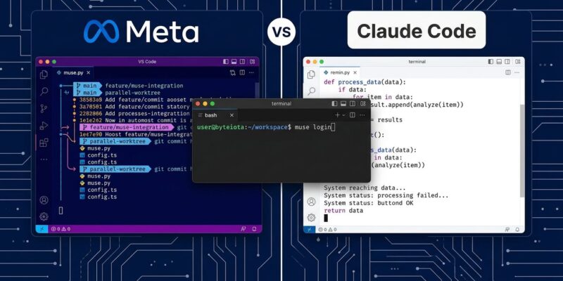 Split-panel comparison of Meta Muse Code and Claude Code terminal coding agents showing parallel git worktrees and bash terminal