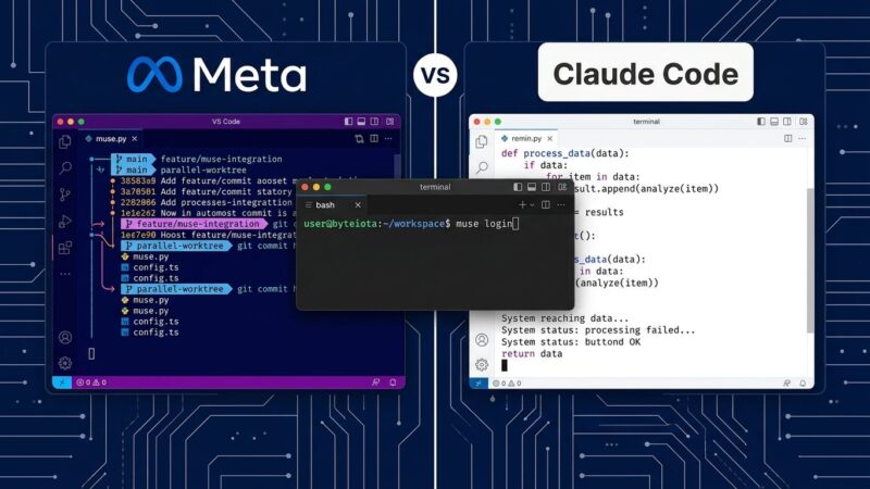Split-panel comparison of Meta Muse Code and Claude Code terminal coding agents showing parallel git worktrees and bash terminal