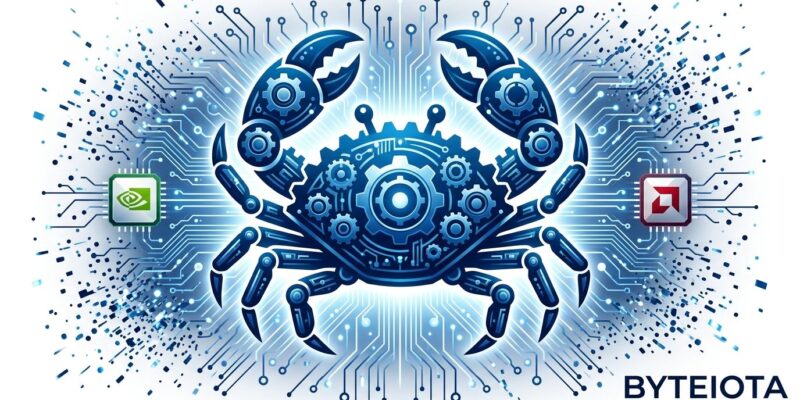 Rust crab mascot with GPU chip patterns representing safe portable GPU programming in Rust with NVIDIA and AMD support