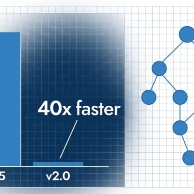 Data visualization dashboard showing DuckDB v2.0 recursive CTE speedup — bar chart with 40x improvement and node-edge graph traversal diagram
