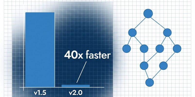 Data visualization dashboard showing DuckDB v2.0 recursive CTE speedup — bar chart with 40x improvement and node-edge graph traversal diagram