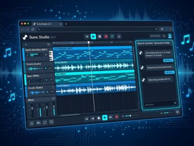 Suno Studio 2.0 browser-based generative audio workstation with MIDI timeline and AI chat sidebar