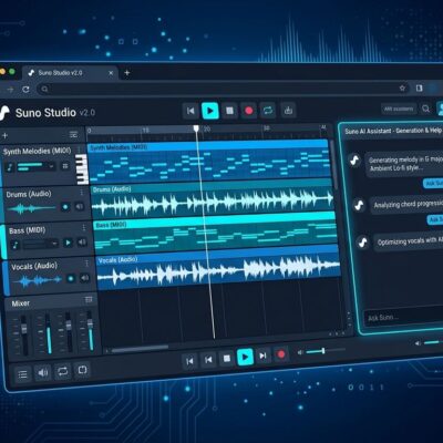 Suno Studio 2.0 browser-based generative audio workstation with MIDI timeline and AI chat sidebar