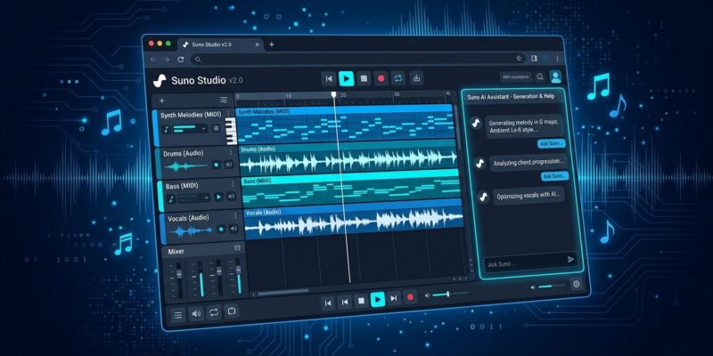 Suno Studio 2.0 browser-based generative audio workstation with MIDI timeline and AI chat sidebar